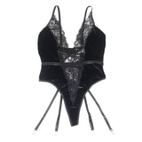 Deep V garter lace velvet stitching teddy With Farawlaya