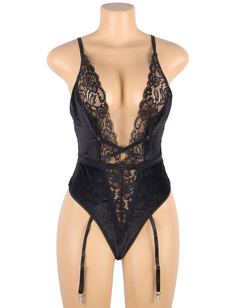 Deep V garter lace velvet stitching teddy With Farawlaya
