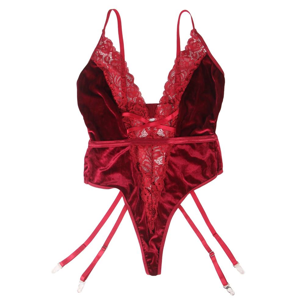 Deep V garter lace velvet stitching teddy With Farawlaya