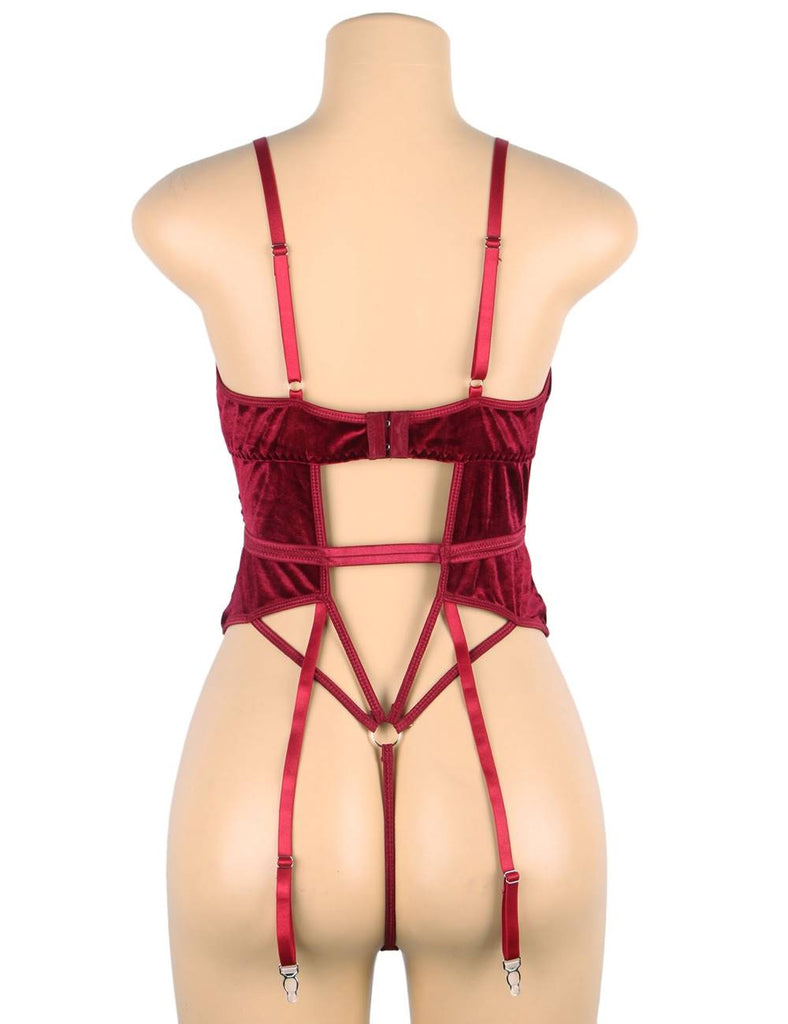 Deep V garter lace velvet stitching teddy With Farawlaya