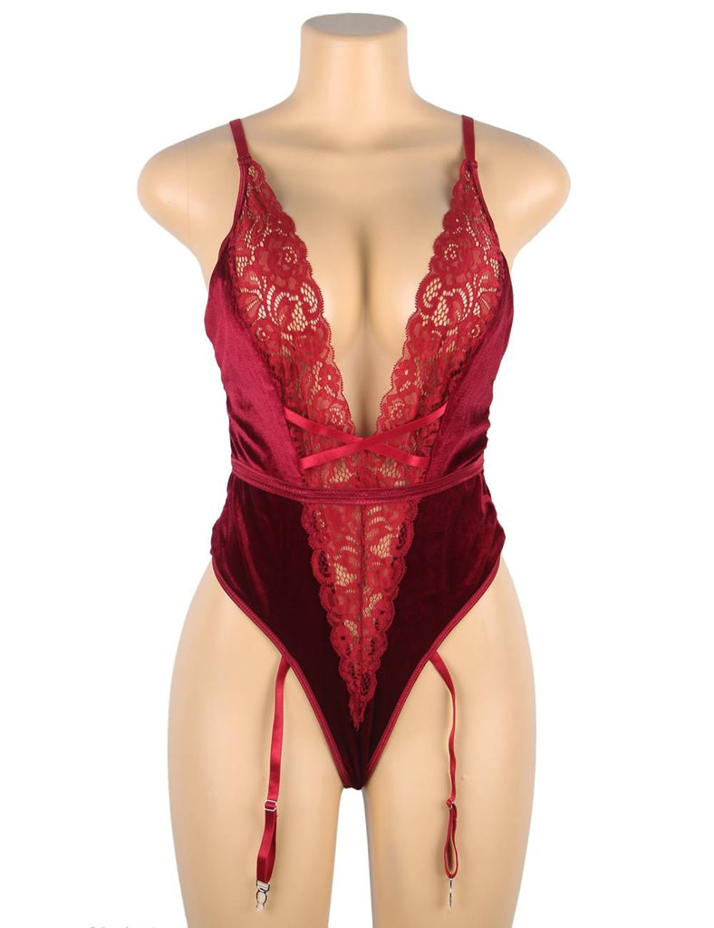 Deep V garter lace velvet stitching teddy With Farawlaya