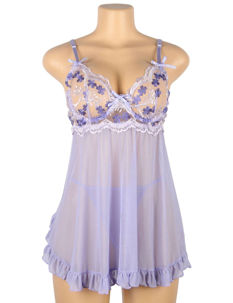 Sexy Purple Back Slit Embroidery Transparent Mesh Babydol-With Farawlaya