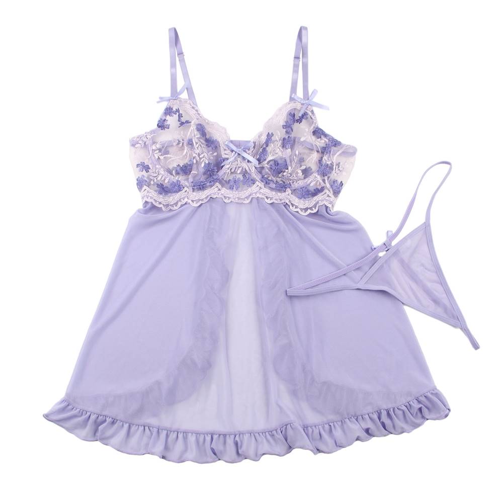Sexy Purple Back Slit Embroidery Transparent Mesh Babydol-With Farawlaya