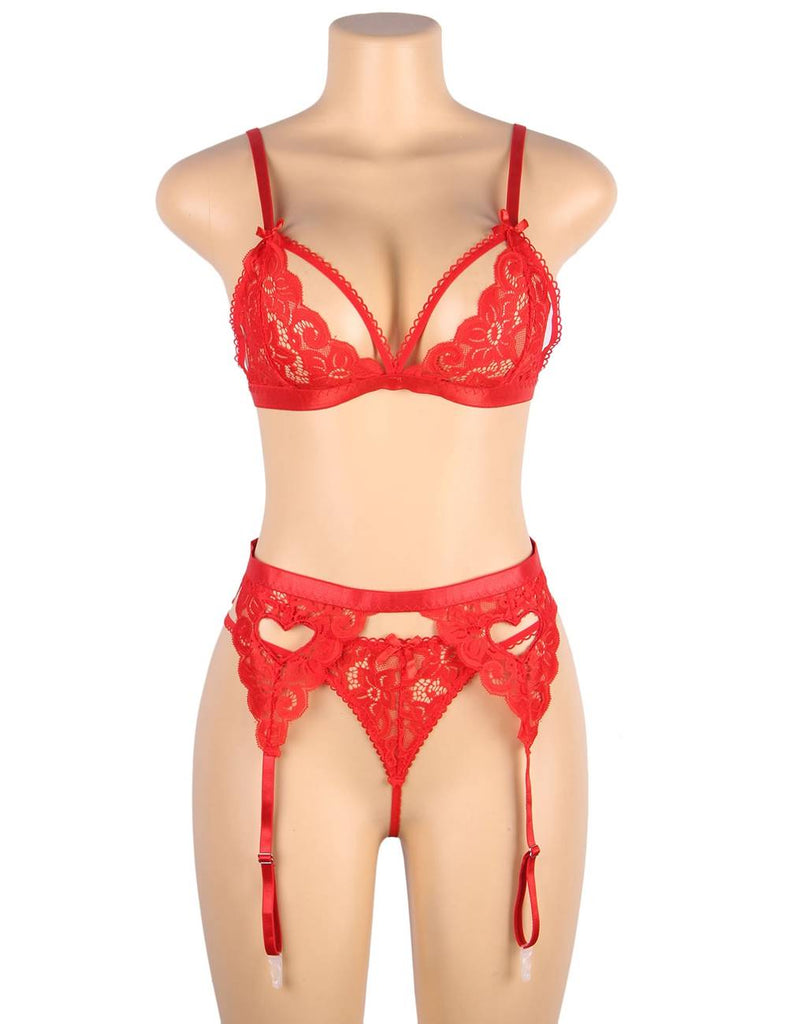 Sexy three-piece sexy lingerie with deep V and peach heart garter