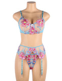Floral Embroidery Underwire Garter Lingerie Set