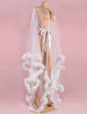 Sexy Plush Edging Mesh Wide Sleeves Robe With Belt