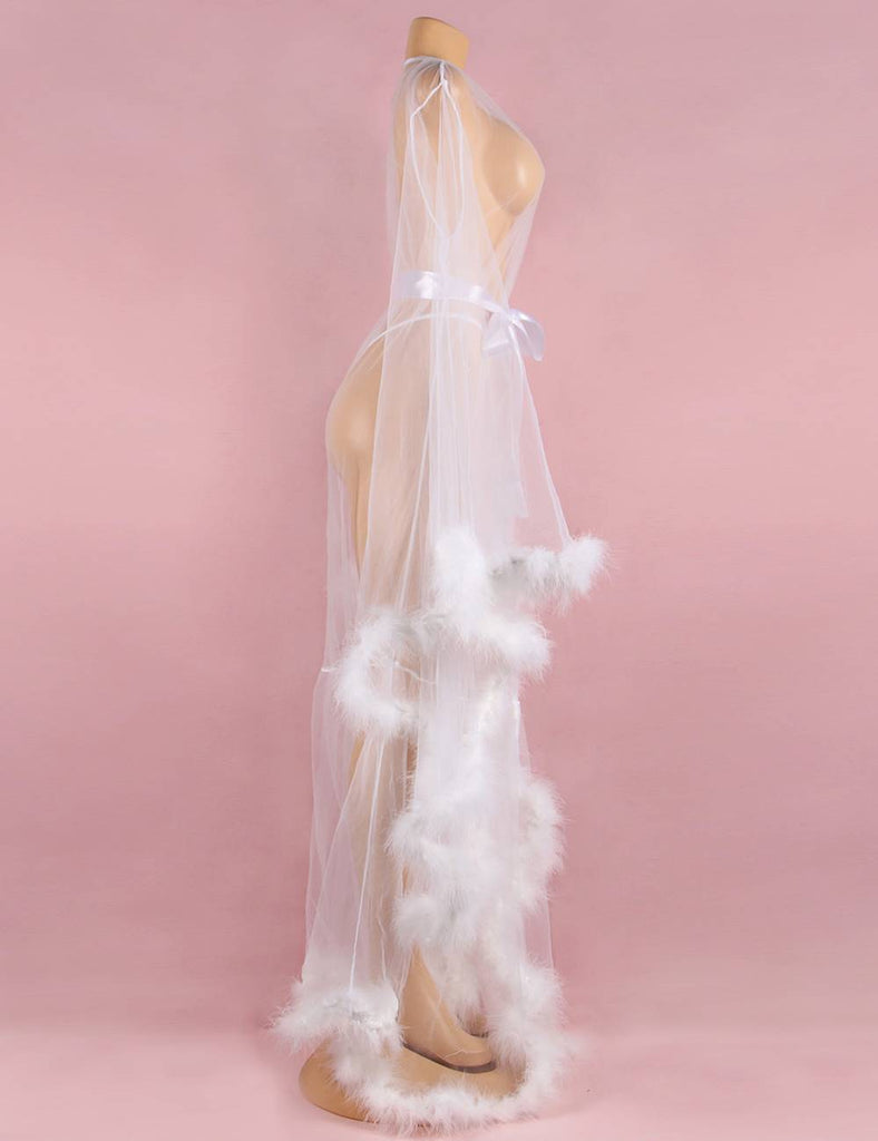 Sexy Plush Edging Mesh Wide Sleeves Robe With Belt