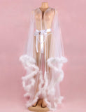 Sexy Plush Edging Mesh Wide Sleeves Robe With Belt