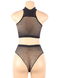 New Black Two Piece Fishnet Rhinestone See Through Bikini Top and Shorts Set