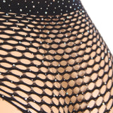 Black Two Piece Fishnet Rhinestone See Through Bikini Top and Shorts Set