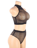 New Black Two Piece Fishnet Rhinestone See Through Bikini Top and Shorts Set