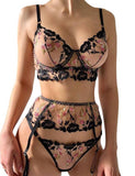 Floral Embroidery Underwire Garter Lingerie Set