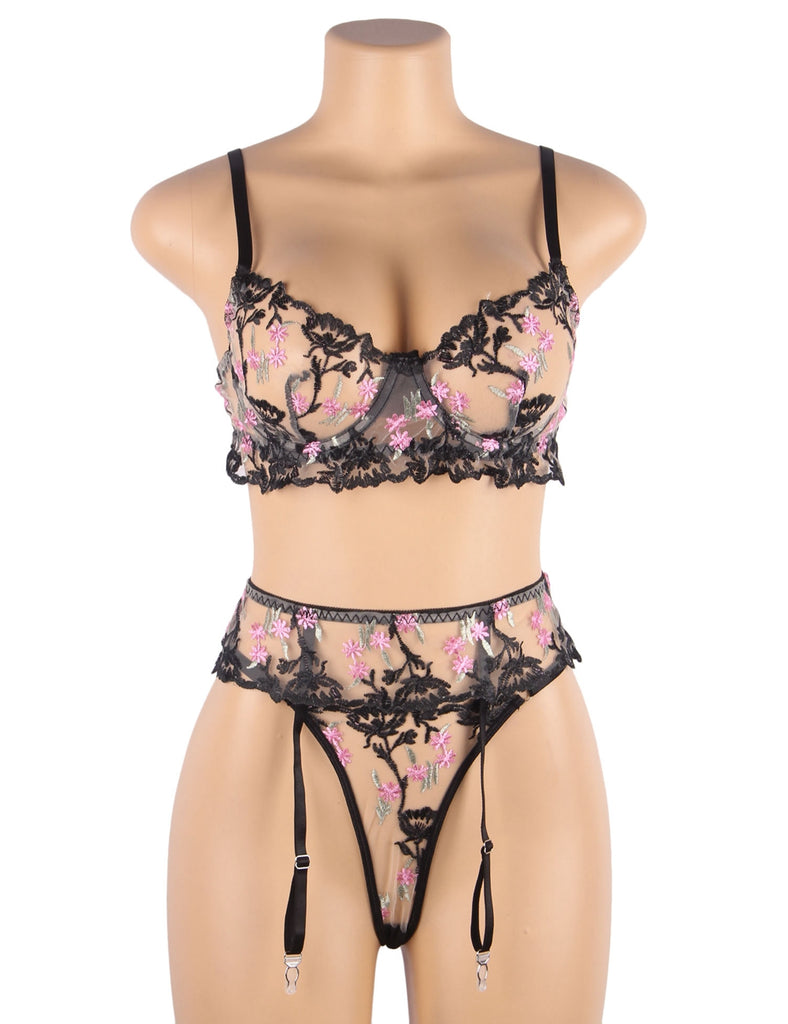Floral Embroidery Underwire Garter Lingerie Set