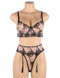 Floral Embroidery Underwire Garter Lingerie Set
