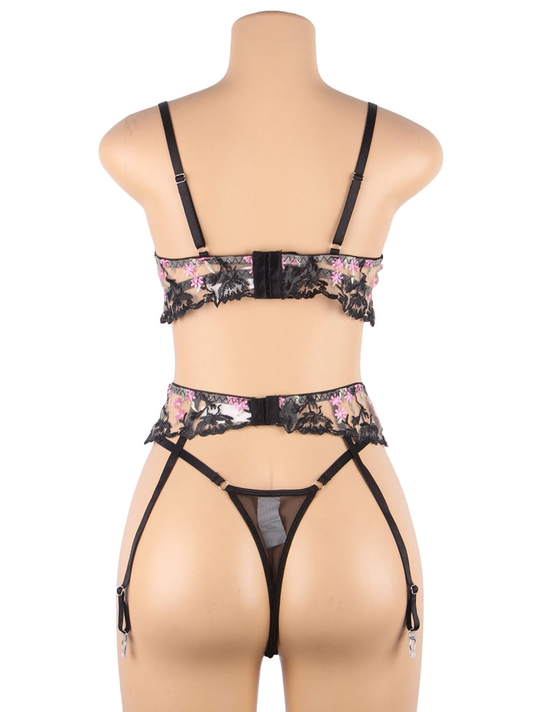 Floral Embroidery Underwire Garter Lingerie Set