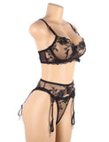 Floral Embroidery Underwire Garter Lingerie Set