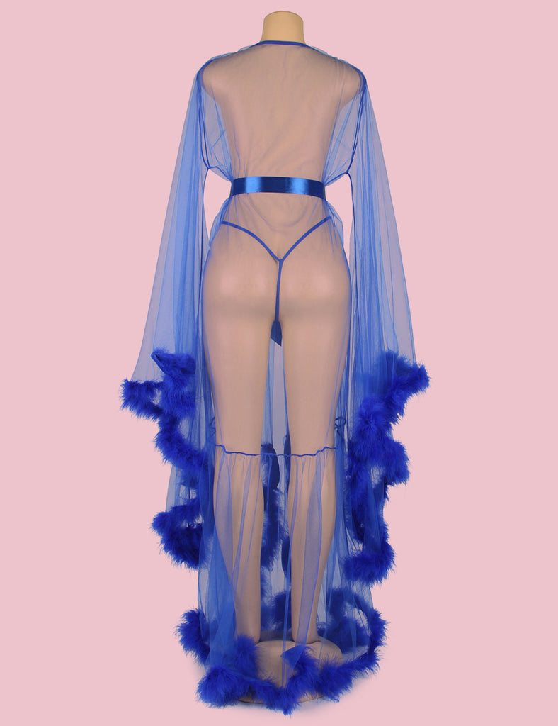 Sexy Plush Edging Mesh Wide Sleeves Robe With Belt