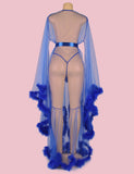 Sexy Plush Edging Mesh Wide Sleeves Robe With Belt