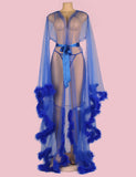 Sexy Plush Edging Mesh Wide Sleeves Robe With Belt