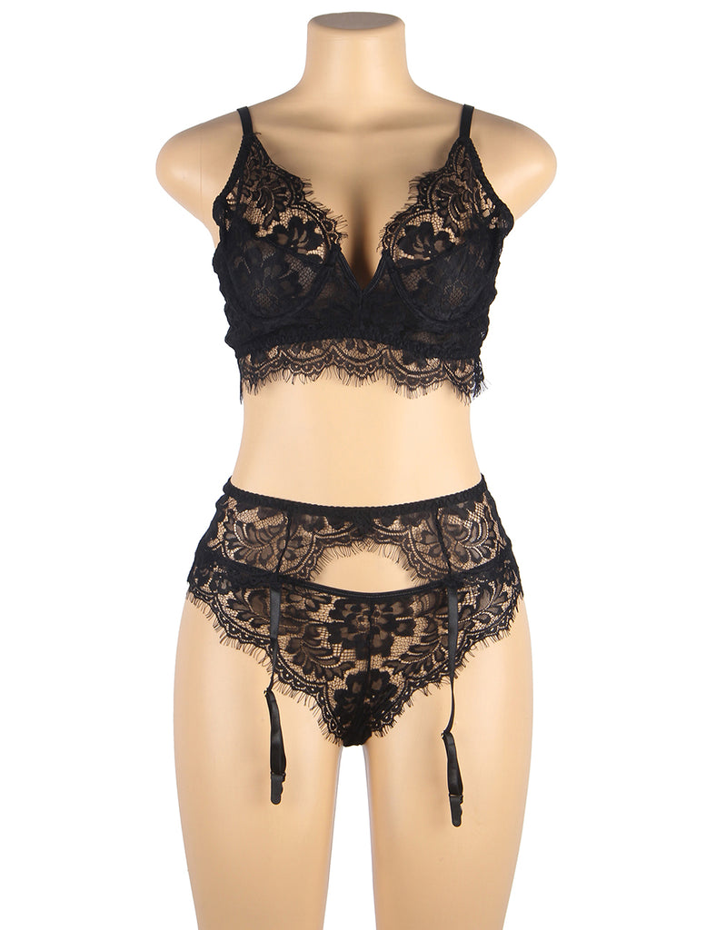 Floral Embroidery Underwire Garter Lingerie Set