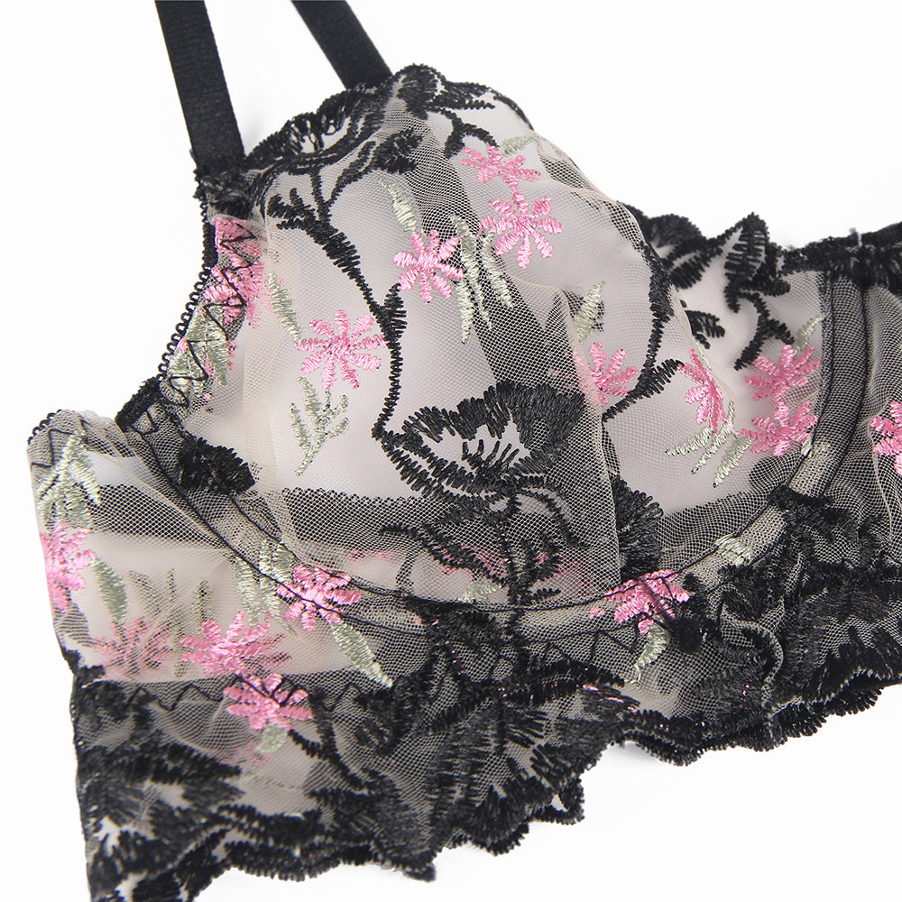 Floral Embroidery Underwire Garter Lingerie Set