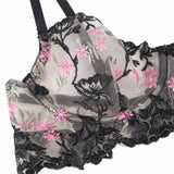Floral Embroidery Underwire Garter Lingerie Set