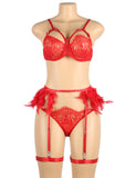 Red Feather Lace Underwire Garter Lingerie Set