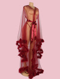 Sexy Plush Edging Mesh Wide Sleeves Robe With Belt