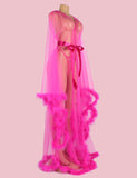 Sexy Plush Edging Mesh Wide Sleeves Robe With Belt