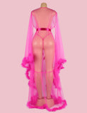 Sexy Plush Edging Mesh Wide Sleeves Robe With Belt