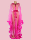 Sexy Plush Edging Mesh Wide Sleeves Robe With Belt