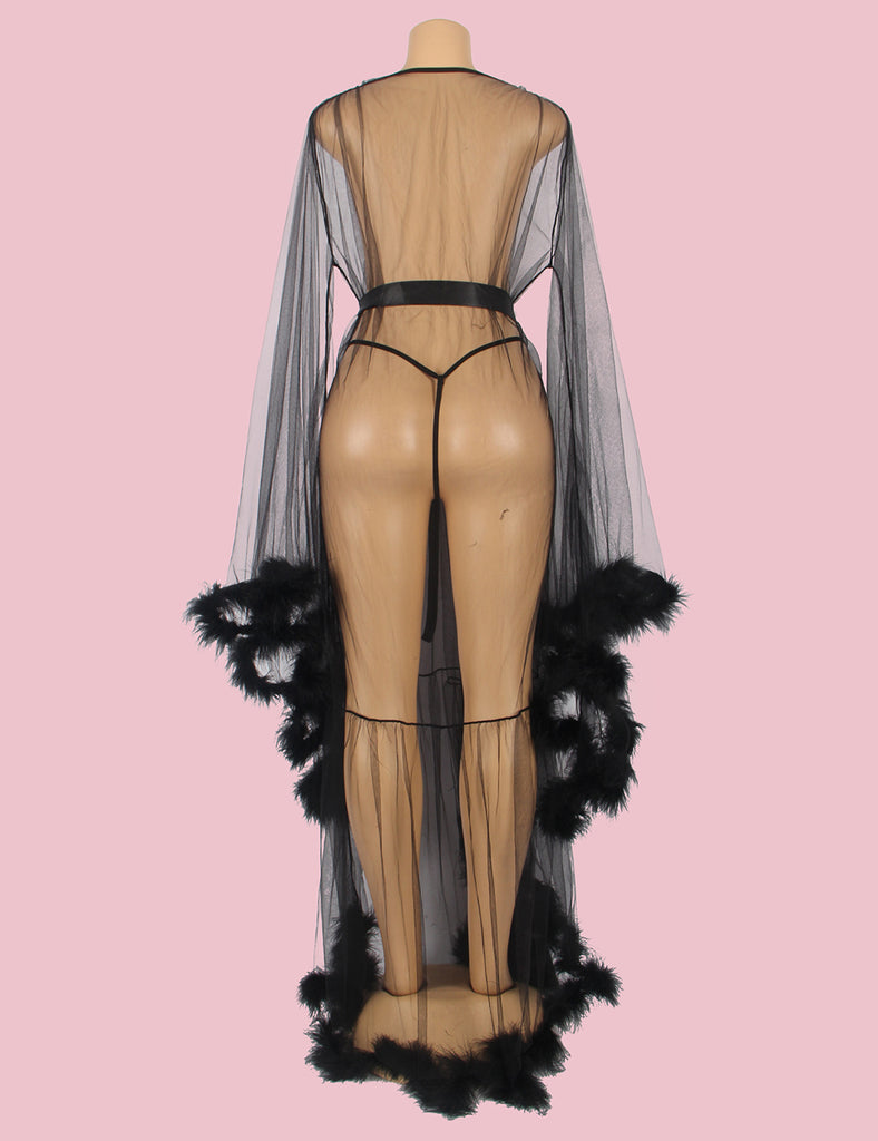 Sexy Plush Edging Mesh Wide Sleeves Robe With Belt