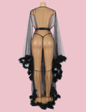 Sexy Plush Edging Mesh Wide Sleeves Robe With Belt