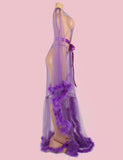 Sexy Plush Edging Mesh Wide Sleeves Robe With Belt