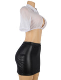 Sexy White Half Sleeve Shirt Black Leather Skirt Secretary Costume