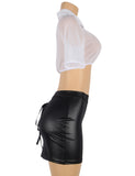Sexy White Half Sleeve Shirt Black Leather Skirt Secretary Costume