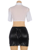 Sexy White Half Sleeve Shirt Black Leather Skirt Secretary Costume