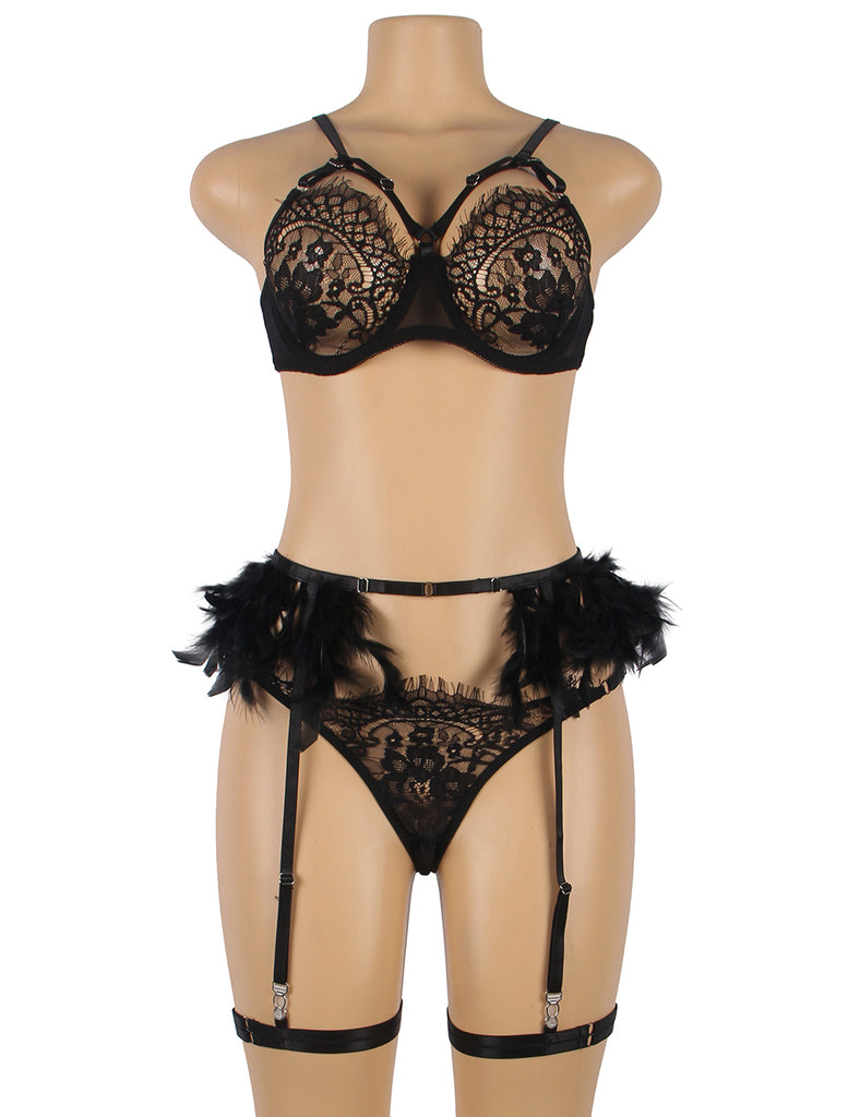 Red Feather Lace Underwire Garter Lingerie Set