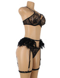 Red Feather Lace Underwire Garter Lingerie Set