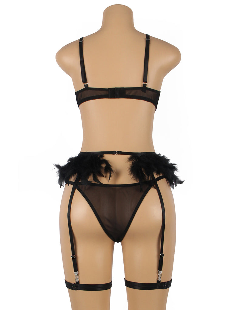 Red Feather Lace Underwire Garter Lingerie Set