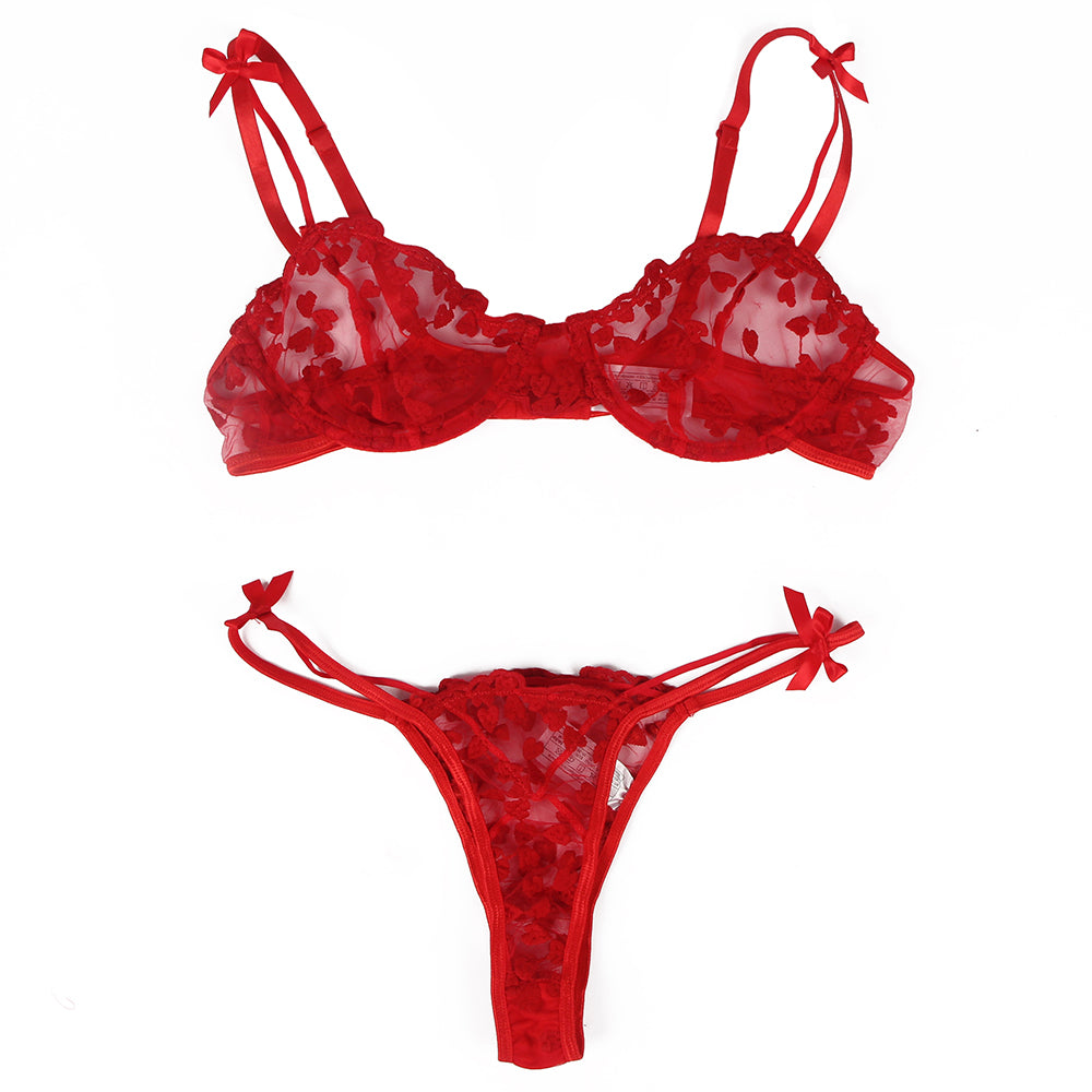 Underwire Mesh Flower Patterns Bra Set