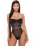 One-piece Black Mesh Underwire Bodysuit with Diamond Belt