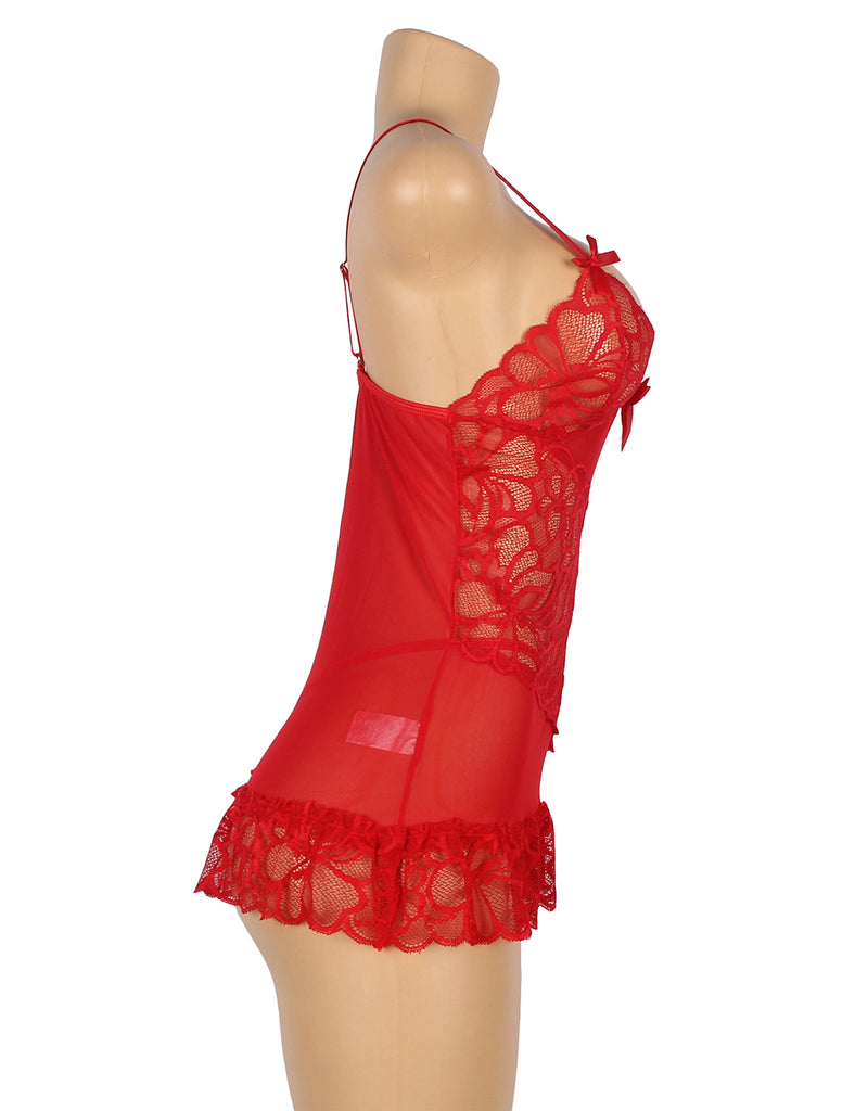 Black & Red Sheer Lace Floral Patterns Adjustable Straps Babydoll
