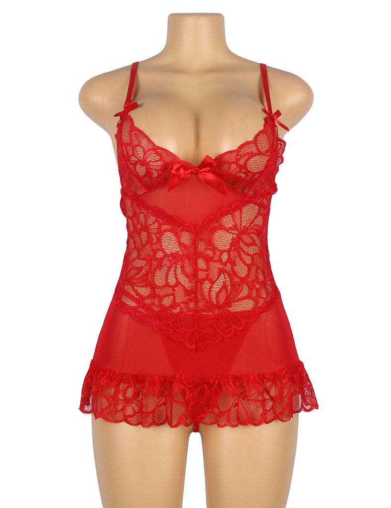 Black & Red Sheer Lace Floral Patterns Adjustable Straps Babydoll