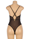 One-piece Black Mesh Underwire Bodysuit with Diamond Belt