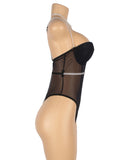 One-piece Black Mesh Underwire Bodysuit with Diamond Belt