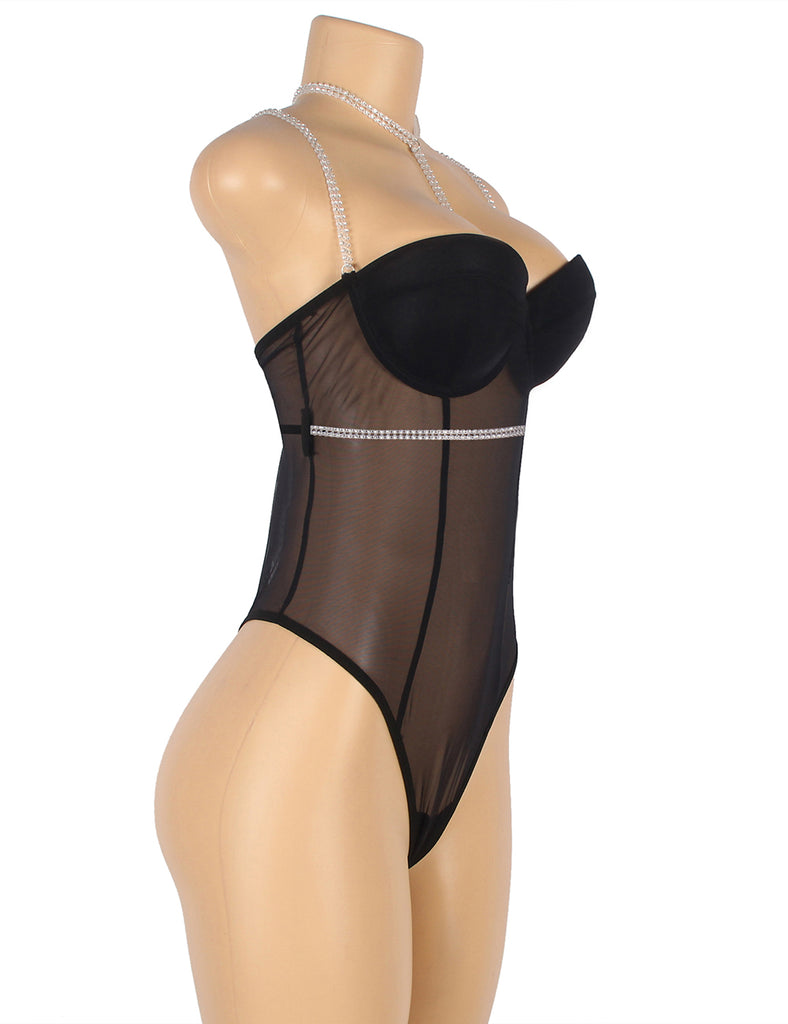 One-piece Black Mesh Underwire Bodysuit with Diamond Belt