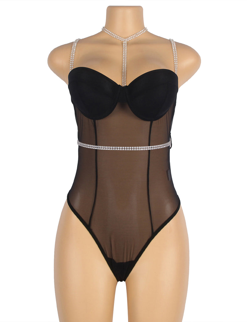 One-piece Black Mesh Underwire Bodysuit with Diamond Belt