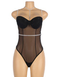 One-piece Black Mesh Underwire Bodysuit with Diamond Belt