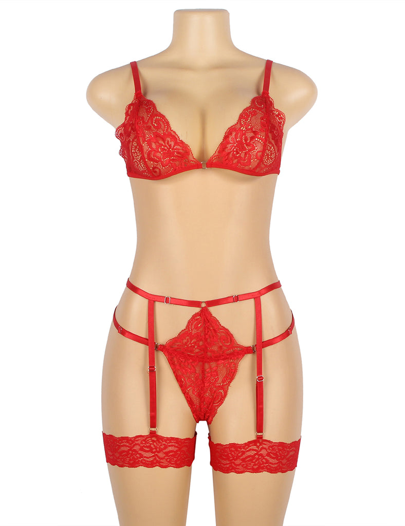 Black & Red Lace Hollow Out Design Garter Belt Leg Ring Bra Set